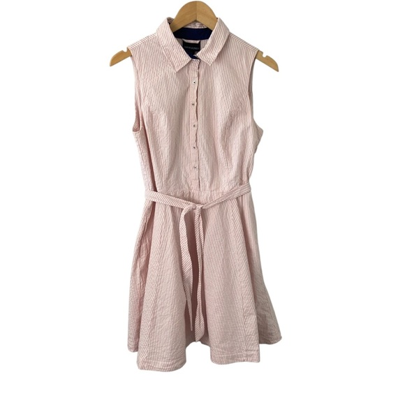 Cynthia Rowley Pink White Stripe Seersucker Dress Sleeveless Belted 10 Preppy - Picture 1 of 9